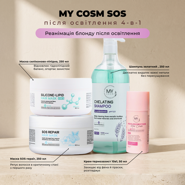 MY cosm SOS після освітлення 4-в-1 (хелатний шампунь Delicate + SOS-маска + силіконово-ліпідна маска + термозахист) SET0011 фото