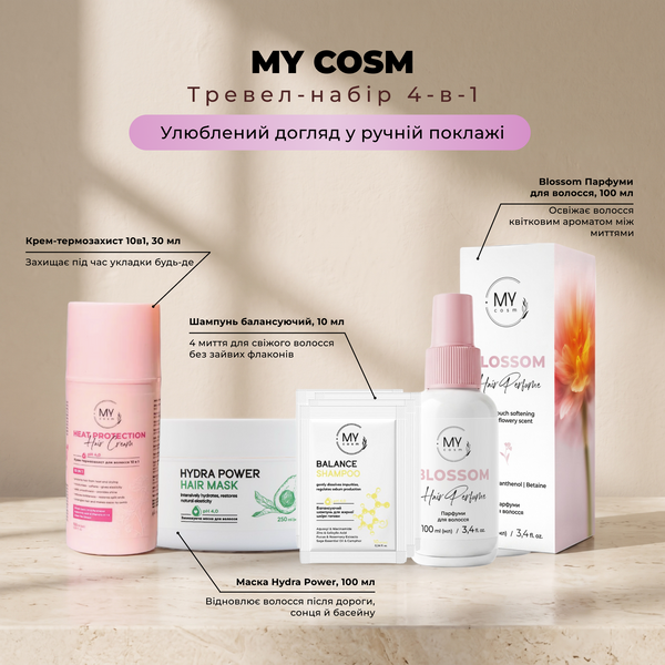 MY cosm Тревел-набір 4-в-1 (маска Hydra Power 100 + термозахист 30 + парфуми Blossom + 4 саше шампуню) SET0014 фото