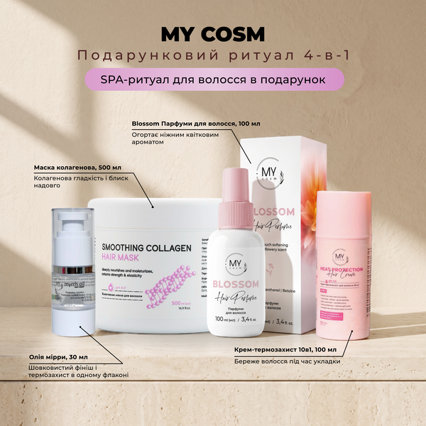 MY cosm Подарунковий ритуал 4-в-1 (колагенова маска 500 + олія мірри + термозахист + парфуми Blossom) SET0017 фото